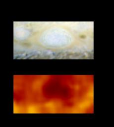 These images show a newly created large-scale storm on Jupiter, known as a white oval. This storm is the size of Earth and was observed by the Hubble Space Telescope and NASA's Galileo spacecraft's photopolarimeter radiometer in July 1998. 