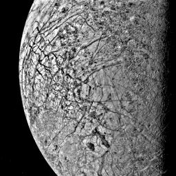 This image of Europa, smallest of Jupiter's four Galilean satellites, was acquired by NASA's Voyager 2 on July 9, 1979, from a (150,600 miles). Europa has a density slightly less than Io.
