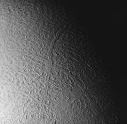 This image of Triton was taken on Aug. 25 1989 by NASA's Voyager 2. The image was received at JPL four hours later at about 4:20 a.m. The smallest detail that can be seen is about 2.5 kilometers (1.5 miles) across.