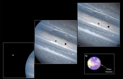 While hunting for volcanic plumes on Io, NASA's Hubble Space Telescope captured these images of the volatile moon sweeping across the giant face of Jupiter.