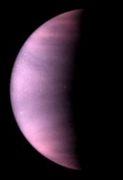 Venus Cloud Tops Viewed by Hubble. This is a NASA Hubble Space Telescope ultraviolet-light image of the planet Venus, taken on January 24 1995, when Venus was at a distance of 70.6 million miles (113.6 million kilometers) from Earth.