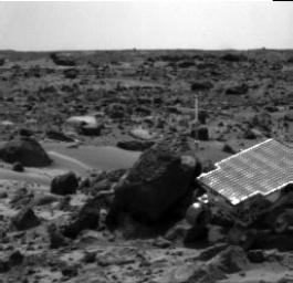 NASA's Mars Pathfinder rover Sojourner is seen traversing near 'Half Dome' in this image, taken on Sol 59, 1997 by the Imager for Mars Pathfinder (IMP).
