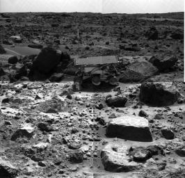 This is the left image of a stereo image pair showing NASA's Sojourner rover in the middle of the afternoon on Sol 66 (September 9). The rover has backed away from the rock 'Moe' after measuring its composition with the Alpha Proton X-Ray spectrometer.