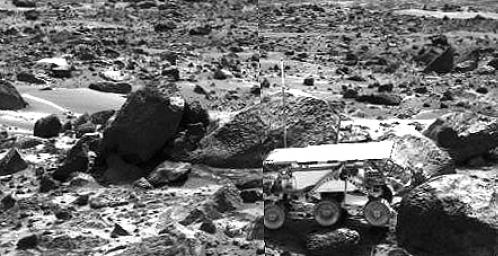 This image shows NASA's Sojourner rover's Alpha Proton X-ray Spectrometer (APXS) deployed against the rock 'Stimpy' on the afternoon of Sol 68 (September 11, 1997). 
