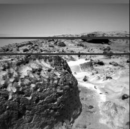 The rock 'Stimpy' is seen in this close-up image taken by NASA's Sojourner rover's left front camera on Sol 70 (September 13). Detailed texture on the rock, such as pits and flutes, are clearly visible. Sol 1 began on July 4, 1997.