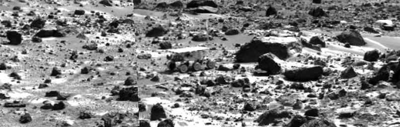 This image mosaic taken by NASA's Imager for Mars Pathfinder (IMP) shows the Sojourner rover near the large rock 'Chimp' on the afternoon of Sol 72 (September 15). Sol 1 began on July 4, 1997.
