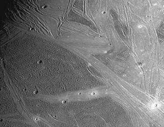 View of the Marius Regio and Nippur Sulcus area of Jupiter's moon, Ganymede showing the dark and bright grooved terrain which is typical of this satellite. Image taken by the Solid State Imaging (SSI) system on NASA's Galileo spacecraft.