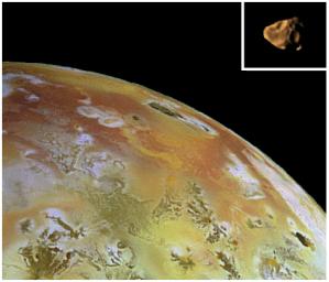 Composite view of Amalthea and Io at the same scale. The visible part of Amalthea is about 150 kilometers across. The Amalthea and Io composites were obtained by the solid state imaging (SSI) camera on NASA's Galileo spacecraft on different orbits.