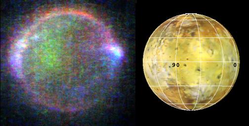 This view of Jupiter's moon Io in eclipse was acquired by NASA's Galileo spacecraft while the moon was in Jupiter's shadow. Gases above the satellite's surface produced a ghostly glow that could be seen at visible wavelengths (red, green, and violet).