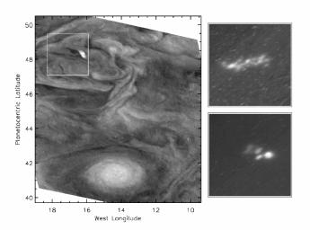 This picture highlights a convective storm (left panel) and the associated lightning (right panels) in Jupiter's atmosphere. The images were taken by the solid state imaging camera system on NASA's Galileo spacecraft at a range of 1.1 million kilometers.
