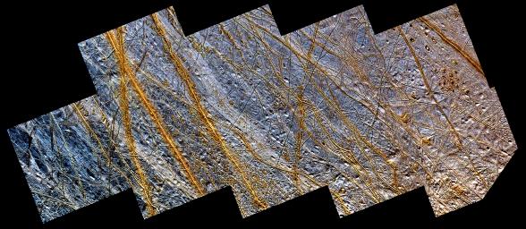 This mosaic of a region in the northern hemisphere of Jupiter's moon, Europa, displays many of the features which are typical on the satellite's icy surface. The images were obtained by the Solid State Imaging (SSI) system on NASA's Galileo spacecraft.