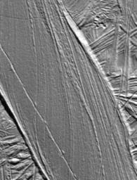 This view of the south polar region of Jupiter's moon Europa shows part of a gray band that formed as plates on the icy surface separated and material filled in the widening gap. North is to the top of this picture from by NASA's Galileo spacecraft.