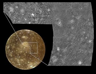These images of Callisto, the outermost of the Galilean satellites of Jupiter, reveal a surface characterized by impact craters. The global view (lower left) is dominated by a large bulls-eye feature. Images captured by NASA's Galileo spacecraft.