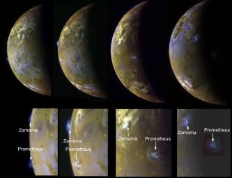 These four views of Jupiter's moon Io clearly show airborne plumes of gas and dust from two of Io's active volcanoes, Zamama and Prometheus. The bottom row consists of enlargements of the plume areas. Images captured by NASA's Galileo spacecraft.