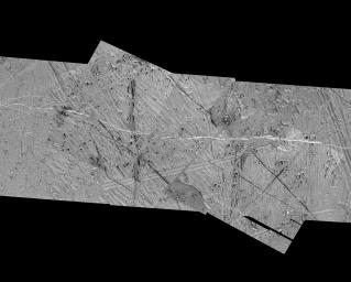 This mosaic of an area just southeast of the Tyre multi-ring structure on Jupiter's moon Europa combines two sets of images taken by NASA's Galileo spacecraft. Features in this area include pits, plains, and regions of chaotic terrain.