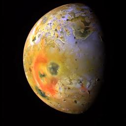 This global view of Jupiter's moon, Io, was obtained during the tenth orbit of Jupiter by NASA's Galileo spacecraft. Io, which is slightly larger than Earth's moon, is the most volcanically active body in the solar system.