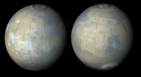 These two images are synthetic views of Mars made by combining NASA's Mars Global Surveyor's Mars Orbiter Camera wide angle images from several orbits during the first week of March 1999 during MOC's focus and calibration testing period.