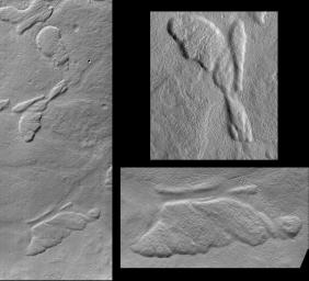 NASA's Mars Global Surveyor shows several low, relatively flat-topped hills (mesas) on the floor of a broad valley among the mountains of the Nereidum Montes region, northeast of Argyre Planitia.