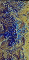 This image is a false-color composite of NASA's Spaceborne Imaging Radar-C/X-band Synthetic Aperture Radar the Mammoth Mountain area in the Sierra Nevada Mountains, California.