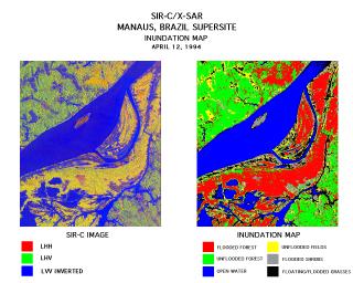 These two images of Manaus, Brazil were created using data from NASA's Spaceborne Imaging Radar-C/X-Band Synthetic Aperture Radar. The Solimoes River just west of Manaus combines with the Rio Negro to form the Amazon River.