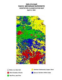 This is a vegetation map of the Raco, Michigan area produced from data acquired by NASA's Spaceborne Imaging Radar C/X-Band Synthetic Aperture Radar onboard space shuttle Endeavour.