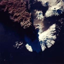 This photograph of the eruption of Kliuchevskoi volcano, Kamchatka, Russia was taken by NASA's Spaceborne Imaging Radar-C/X-band Synthetic Aperture Radar during the early hours of the eruption on September 30, 1994.