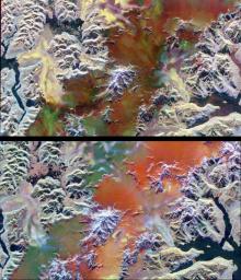 This pair of images illustrates the ability of multi-parameter radar imaging sensors such as NASA's Spaceborne Imaging Radar-C/X-band Synthetic Aperture radar to detect climate-related changes.