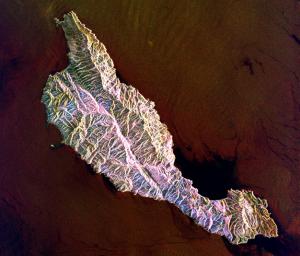 This space radar image from NASA's Spaceborne Imaging Radar-C/X-band Synthetic Aperture shows the rugged topography of Santa Cruz Island, part of the Channel Islands National Park in the Pacific Ocean off the coast of Santa Barbara and Ventura, Calif.