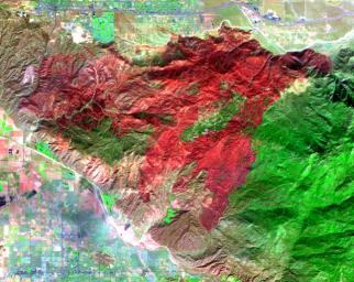 The Esperanza fire started on October 26, 2006 in the dry brush near Palm Springs, CA. This image was acquired in 2006 by NASA's Terra spacecraft.