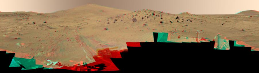 This 360-degree color view, called the 'McMurdo' panorama, comes from the panoramic camera aboard NASA's Mars Exploration Rover Spirit. From April through October 2006, Spirit has stayed on a small hill known as 'Low Ridge.' 3D glasses are necessary.