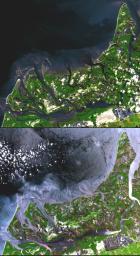 In many parts of the world, wetlands are being converted to shrimp ponds in order to farm these crustaceans for food and sale. One example is on the west coast of Ecuador, south of Guayaquil. This image was acquired by NASA's Terra spacecraft.