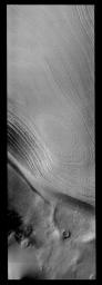 Taken during southern summer, this image from NASA's 2001 Mars Odyssey spacecraft shows both the ice layers of the southern polar cap of Mars and the dusty surface that surrounds the cap.