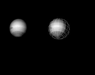 On July 23, 1989, NASA's Voyager 2 spacecraft took this picture of Neptune through a clear filter on its narrow-angle camera. The image on the right has a latitude and longitude grid added for reference. Neptune's Great Dark Spot is visible on the left.