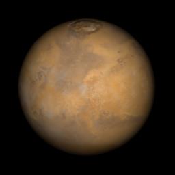 NASA's Mars Global Surveyor's view of the red planet Mars shows the region that includes Ares Vallis and the Chryse Plains and the north polar cap.