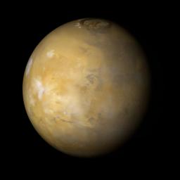 NASA's Mars Global Surveyor shows northern summer on Mars where clouds are very common over the famous Tharsis volcanoes during the afternoon.