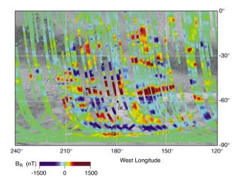 NASA's Mars Global Surveyor provides a map of Martian magnetic fields in the southern highlands near the Terra Cimmeria and Terra Sirenum regions.