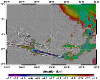 NASA's Mars Global Surveyor shows elevations on Mars within the floor of the Valles Marineris canyon system and the adjacent Chryse outflow channels.