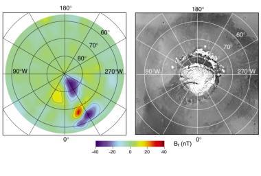 NASA's Mars Global Surveyor shows a radial magnetic field measured at about 170-km altitude over the North Polar Region with the corresponding image showing the North Polar Cap.