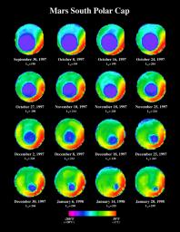 NASA's Mars Global Surveyor shows the seasonal change of the south polar ice cap on Mars over a four-month period mapped by color-coding the variation in 25-micron wavelength brightness temperatures.