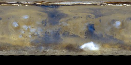 NASA's Mars Global Surveyor shows a global 'snapshot' of weather patterns across Mars. Here, bluish-white water ice clouds hang above the Tharsis volcanoes.