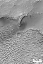 NASA's Mars Global Surveyor shows the ridged surface in the lower half of this image is that of a large lava flow in Daedalia Planum, southwest of the Arsia Mons volcano. This image was taken June 5, 1999.