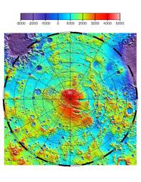 NASA's Mars Global Surveyor shows the latest MOLA topographic map of Mars' from latitude 55 S to the south pole.
