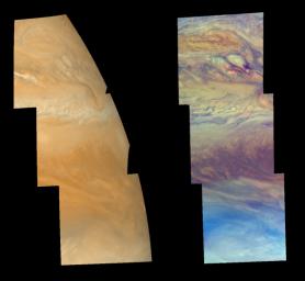Cloud features north of Jupiter's equator, in the region between 3 and 30 degrees north latitude, are shown in approximately true color (left mosaic) and in false color (right mosaic). The images were taken by NASA's Galileo spacecraft.