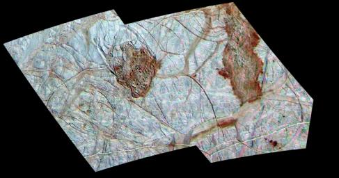 Thera and Thrace are two dark, reddish regions of enigmatic terrain that disrupt the older icy ridged plains on Jupiter's moon Europa. North is toward the top of the mosaic obtained by NASA's Galileo spacecraft.