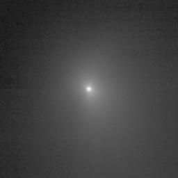 This image shows comet Tempel 1 as seen through the clear filter of the medium resolution imager camera on NASA's Deep Impact. It was taken on June 25, 2005.