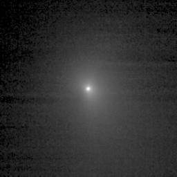 This image shows comet Tempel 1 as seen through the clear filter of the medium resolution imager camera on NASA's Deep Impact. It was taken on June 27, 2005.