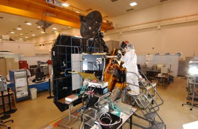 This image shows NASA's Deep Impact spacecraft being built at Ball Aerospace & Technologies Corporation, Boulder, Colo. on July 2, 2005. The spacecraft's impactor was released from Deep Impact's flyby spacecraft.