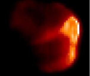 This image composite shows comet Tempel 1 in infrared light . The infrared picture highlights the warm, or sunlit, side of the comet, where NASA's Deep Impact probe later hit.