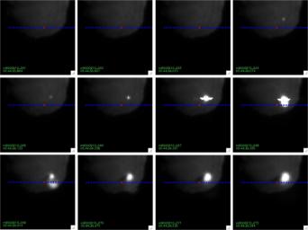 NASA's Deep Impact's Tempel 1 Mission Update. Images of impact taken with the medium resolution imager. The blue dotted line is the position of the spectrometer's slit.