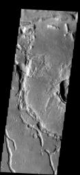 The discontinuous channels in this image are collapsed lava tubes on Mars as seen by NASA's 2001 Mars Odyssey spacecraft.